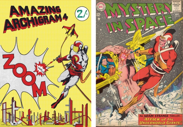 sinistra: Amazing Archigram 4: Zoom Issue. Cover by Warren Chalk, May 1964. destra: Cover of Mystery in Space #86 (DC Comics, September 1963), drawn by Carmine Infantino. 