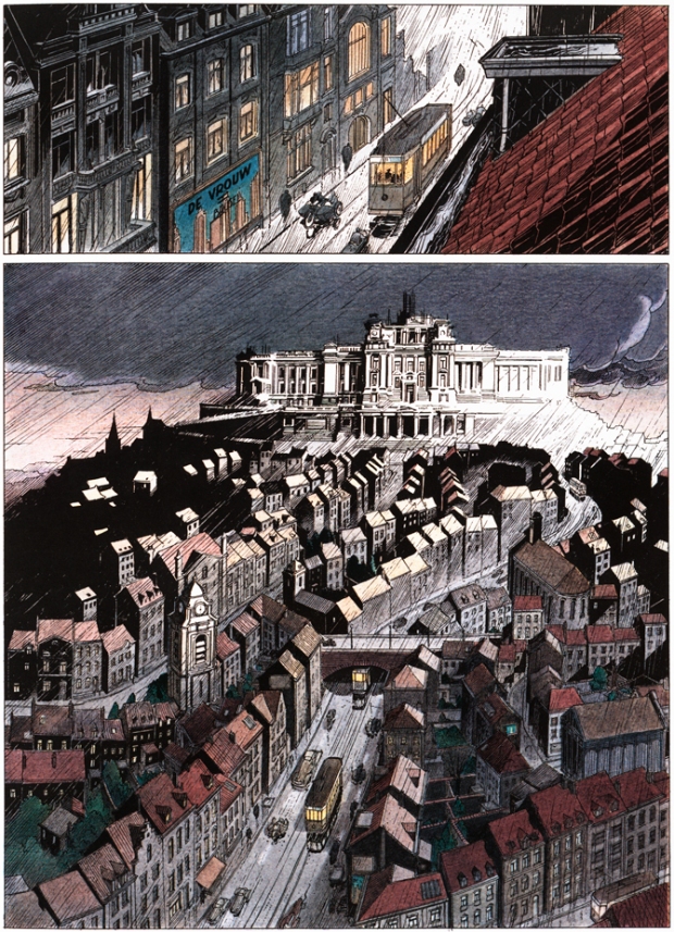  Brüsel, 1992. Page from a fictive story with a critical view on historical urban developments in Brussels, a strip that the local authorities regarded as a defamation of their beloved city. © François Schuiten and Benoît Peeters