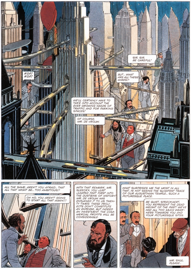 Brüsel, 1992. Page from a fictive story with a critical view on historical urban developments in Brussels, a strip that the local authorities regarded as a defamation of their beloved city. © François Schuiten and Benoît Peeters
