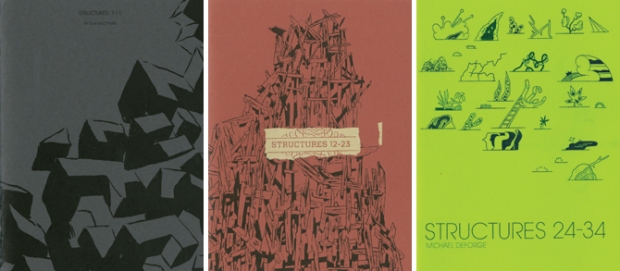 Covers of the Structures series, where an increasing catalogue of structural follies reflected in the cover of each issue which is named accordingly 1-11, 12-23, 24-34 Tom Kaczynski